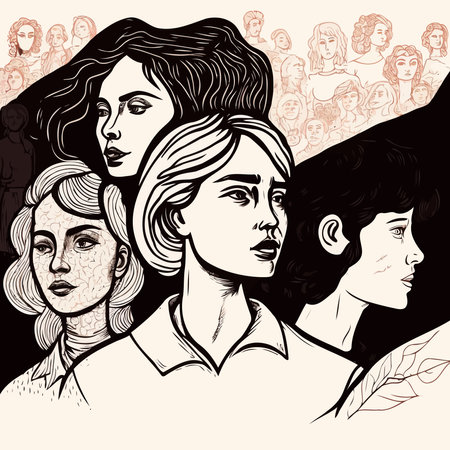illustration of a group of adult women illustrating international women's day with fictional characters not based on real modelsのイラスト素材