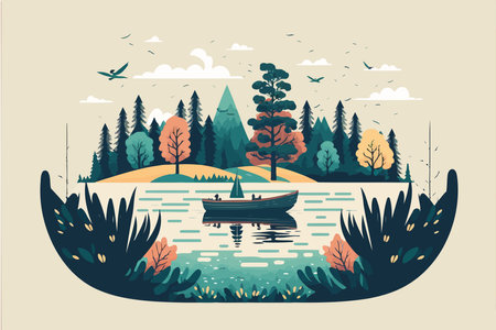 illustration of river in natural environment with an empty boat made to illustrate world water dayのイラスト素材