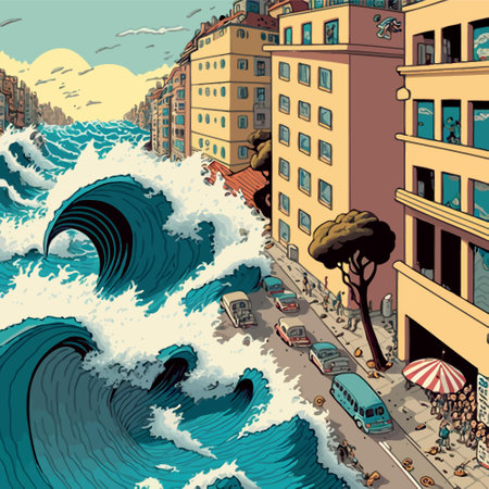 Illustration of giant marine tsunami destroying a city with buildingsのイラスト素材