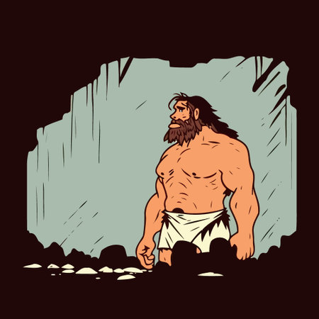 Large strong bearded primitive caveman in a caveのイラスト素材