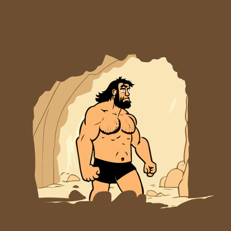 Large strong bearded primitive caveman in a caveのイラスト素材