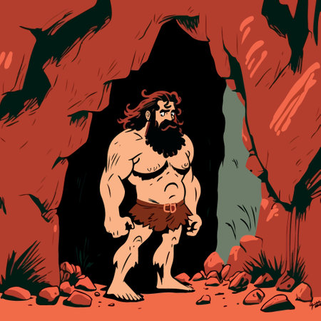 Large strong bearded primitive caveman in a caveのイラスト素材