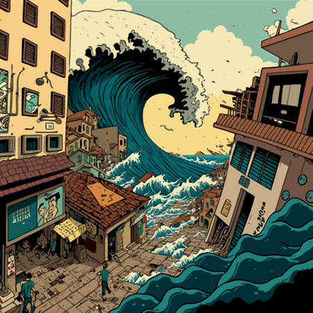 Illustration of giant marine tsunami destroying a city with buildingsのイラスト素材