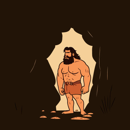 Large strong bearded primitive caveman in a caveのイラスト素材