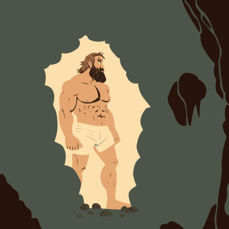 Large strong bearded primitive caveman in a caveのイラスト素材