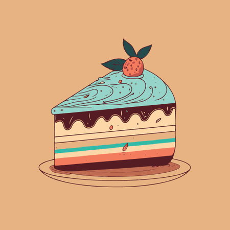 Illustration of slice of sweet cake with multiple layers and frosting served on a plate