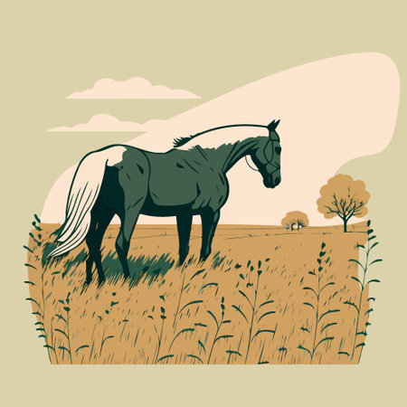Illustration of beautiful adult horse standing free in a fieldのイラスト素材