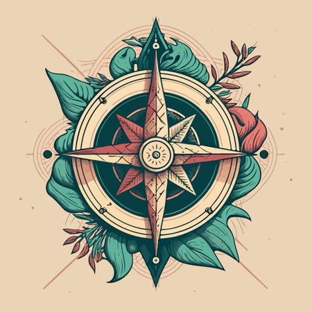 Compass wind rose in stylized and colored lineart illustration style
