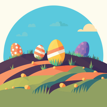 Vector illustration of food themed collection of easter eggs in a grassy fieldのイラスト素材