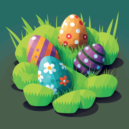 Vector illustration of food themed collection of easter eggs in a grassy fieldのイラスト素材