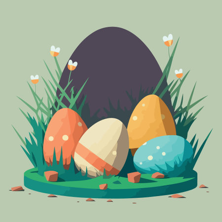 Vector illustration of food themed collection of easter eggs in a grassy fieldのイラスト素材