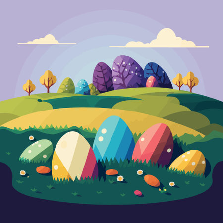 Vector illustration of food themed collection of easter eggs in a grassy fieldのイラスト素材