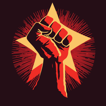 Raised fist symbol with pentagonal star behind and colors red yellow and blackのイラスト素材