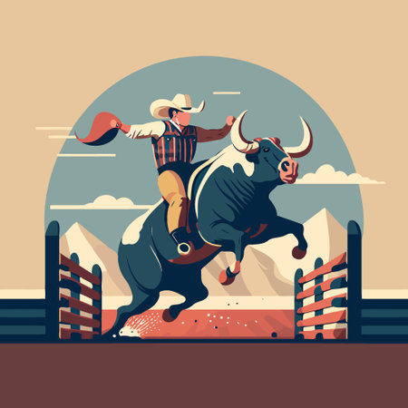 A bull rider holds tight as he rides the bucking bull in a rodeo arenaのイラスト素材