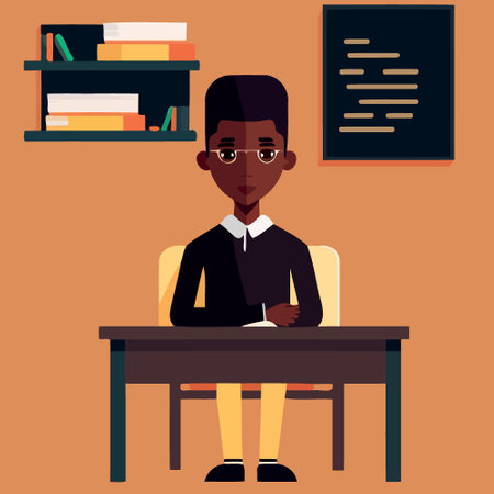 A seated black professor in front of his desk wearing glasses and simple formal attire. Minimalist flat vector illustrationのイラスト素材