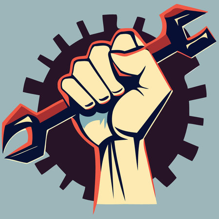 fist raised with spanner expressively to symbolize work, worker or labor dayのイラスト素材