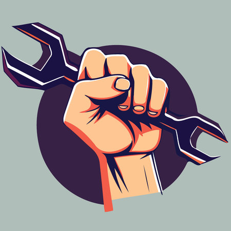 fist raised with spanner expressively to symbolize work, worker or labor dayのイラスト素材