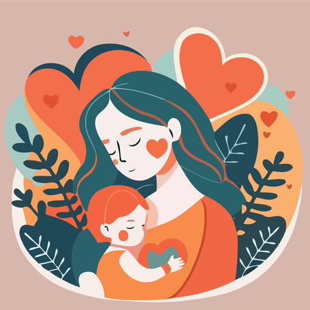 adult woman holding her baby son with love to illustrate mother day or motherhood minimalist vector illustrationのイラスト素材