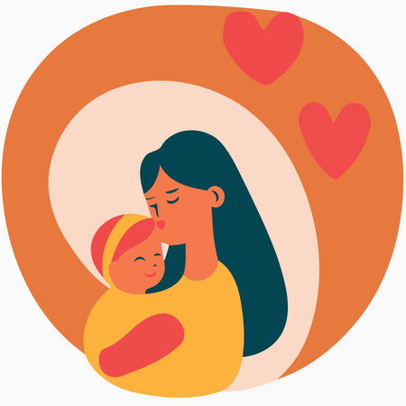 adult woman holding her baby son with love to illustrate mother day or motherhood minimalist vector illustrationのイラスト素材