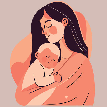 adult woman holding her baby son with love to illustrate mother day or motherhood minimalist vector illustrationのイラスト素材