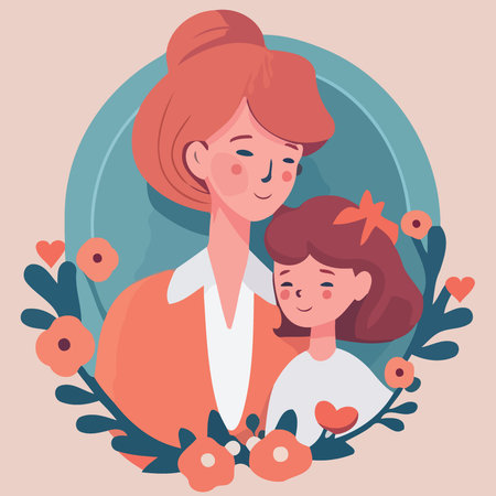 adult woman with her child daughter to illustrate mothers day or motherhood minimalist vector illustrationのイラスト素材