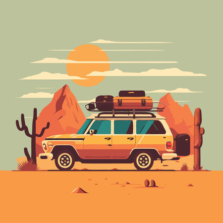 Classic car with suitcases traveling in the desert at sunset vector illustrationのイラスト素材