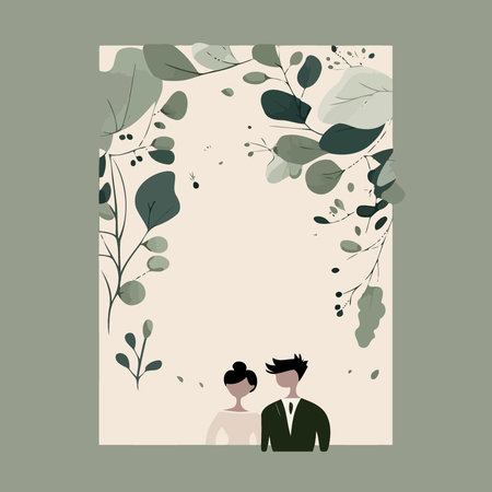wedding invitation design with foliage white leaf green background and couple with caucasian woman and man minimal vector illustrationのイラスト素材