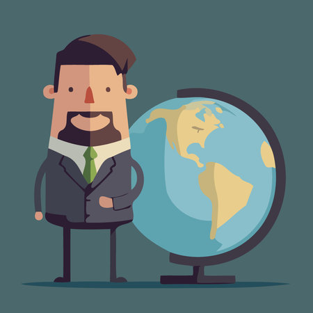 man in a suit next to a globe of the planet earth minimalist vector illustrationのイラスト素材
