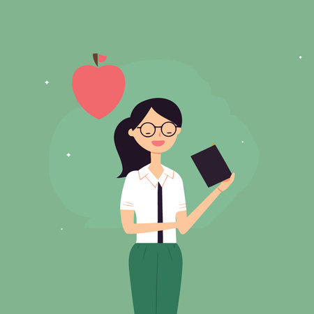 Teachers day female teacher holding book green background with apple minimalistic vector illustrationのイラスト素材
