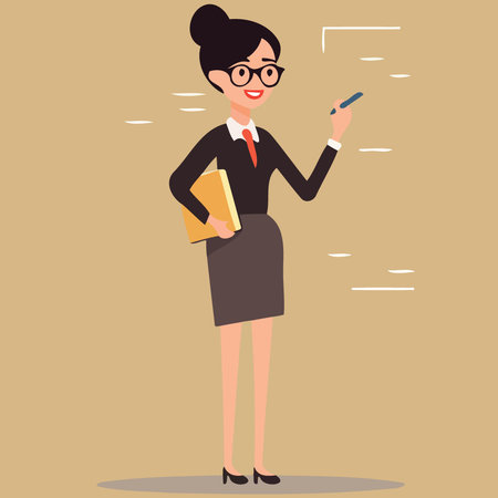Teachers day female teacher holding book yellow background minimalistic vector illustrationのイラスト素材