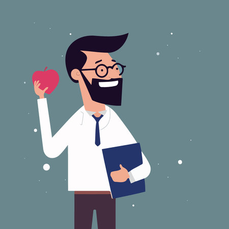 teachers day teacher man holding apple and book minimalist vector illustrationのイラスト素材