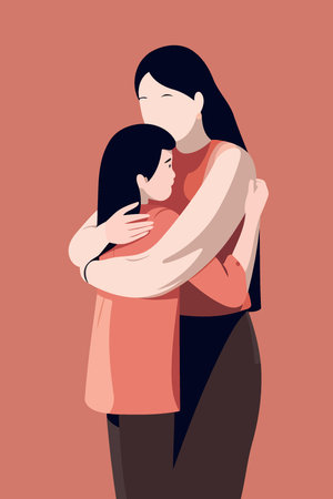 mothers day woman hugging daughter minimalist vector illustrationのイラスト素材