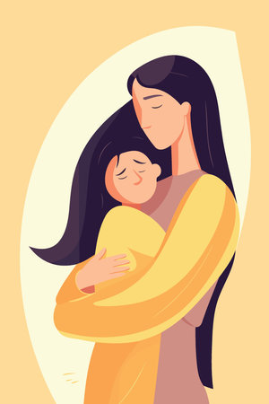 Illustration for mothers day woman hugging daughter minimalist vector illustration - Royalty Free Image