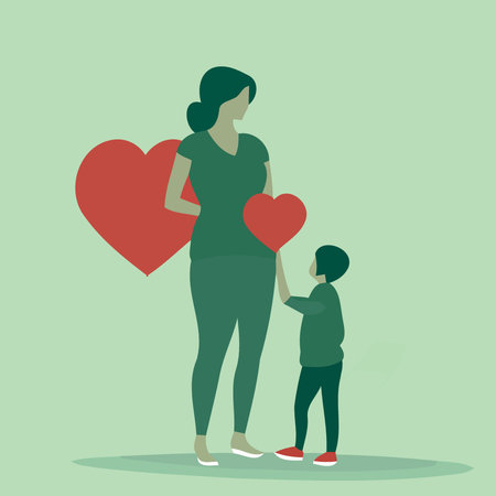 mothers day woman with son and hearts minimalistic vector illustrationのイラスト素材