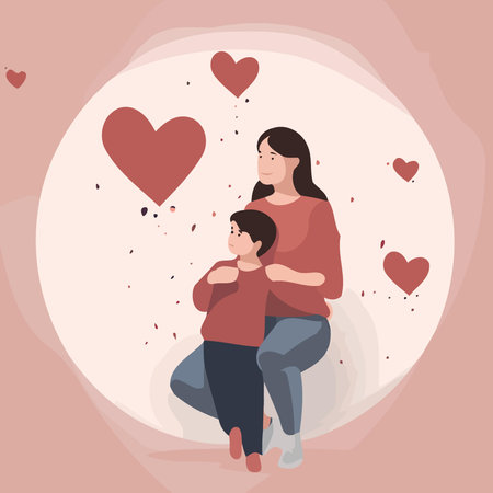 mothers day woman with son and hearts minimalistic vector illustrationのイラスト素材