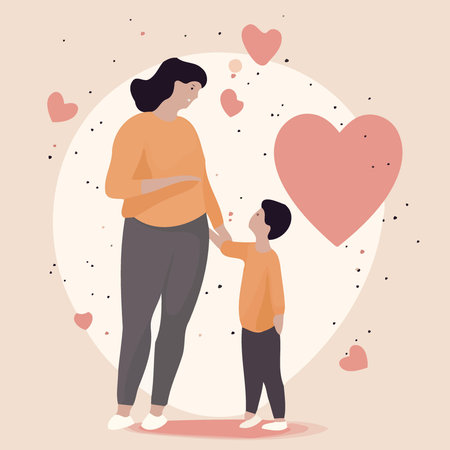 mothers day woman with son and hearts minimalistic vector illustrationのイラスト素材