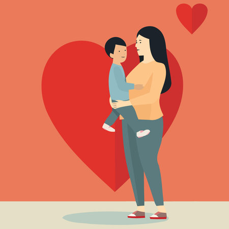 mothers day woman with son and hearts minimalistic vector illustrationのイラスト素材