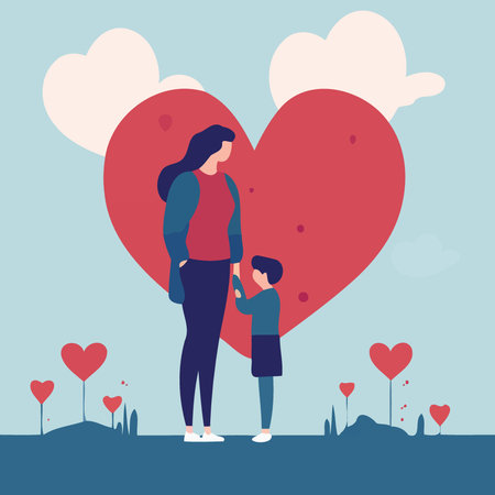 mothers day woman with son and hearts minimalistic vector illustrationのイラスト素材