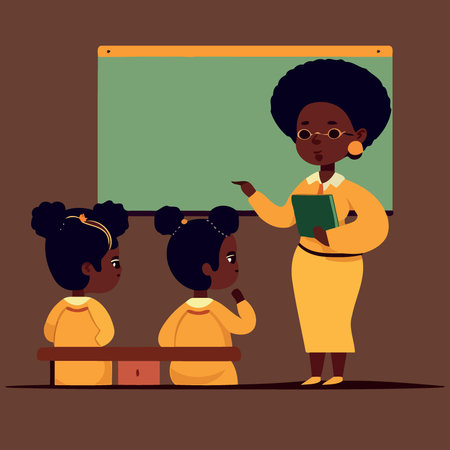 Teachers day female black teacher and two kids minimalistic vector illustrationのイラスト素材