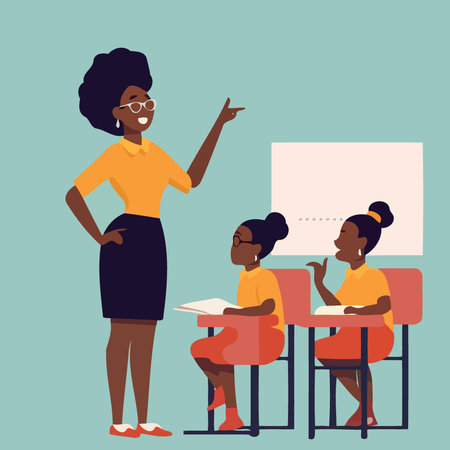 Teachers day female black teacher and two kids minimalistic vector illustrationのイラスト素材