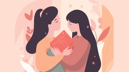 mothers day woman with child and gift minimalistic vector illustrationのイラスト素材