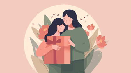 mothers day woman with child and gift minimalistic vector illustrationのイラスト素材