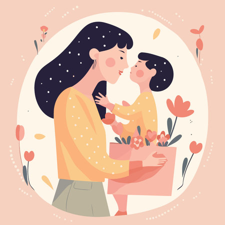 mothers day woman with child and gift minimalistic vector illustrationのイラスト素材