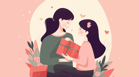 mothers day woman with child and gift minimalistic vector illustrationのイラスト素材
