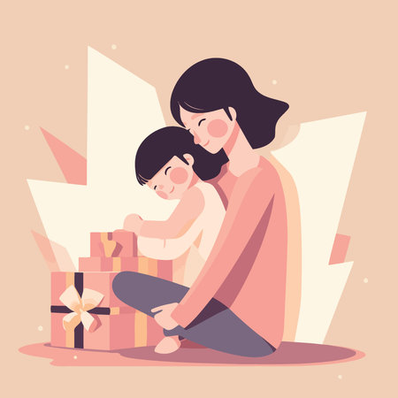 mothers day woman with child and gift minimalistic vector illustrationのイラスト素材
