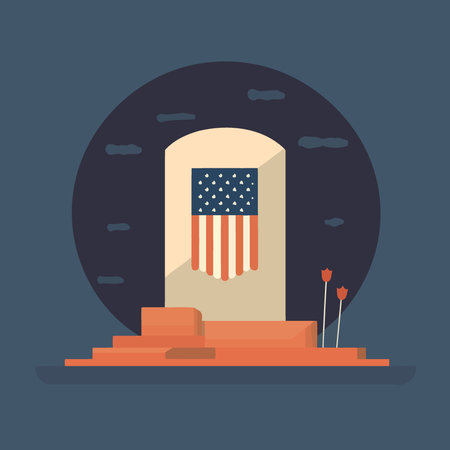 grave in cemetery with red flowers and flag of the united states minimalist vector illustrationのイラスト素材