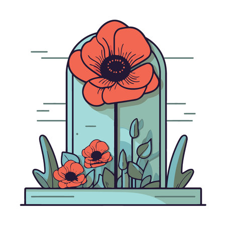 red poppy flowers in the cemetery minimalist vector illustrationのイラスト素材