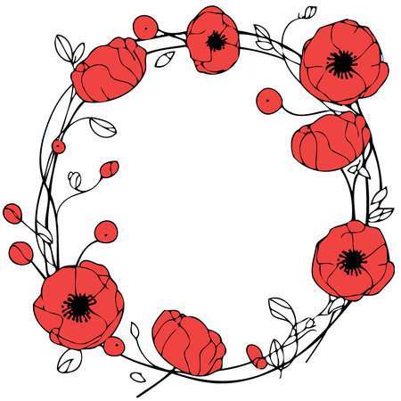 frame with red poppy flowers minimalist vector illustrationのイラスト素材