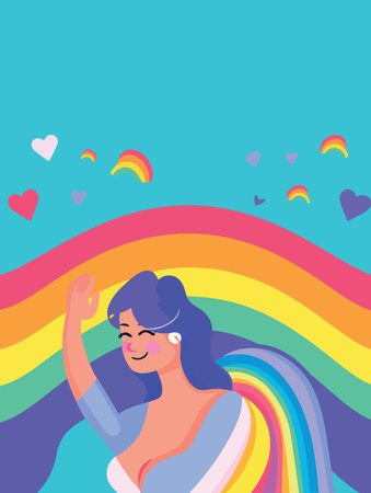lgbt pride day or month happy woman with rainbow and hearts minimalist vector illustrationのイラスト素材