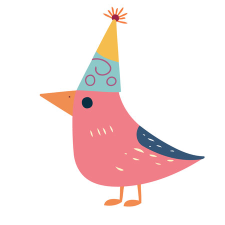 colorful little bird wearing birthday hat minimalist vector illustrationのイラスト素材
